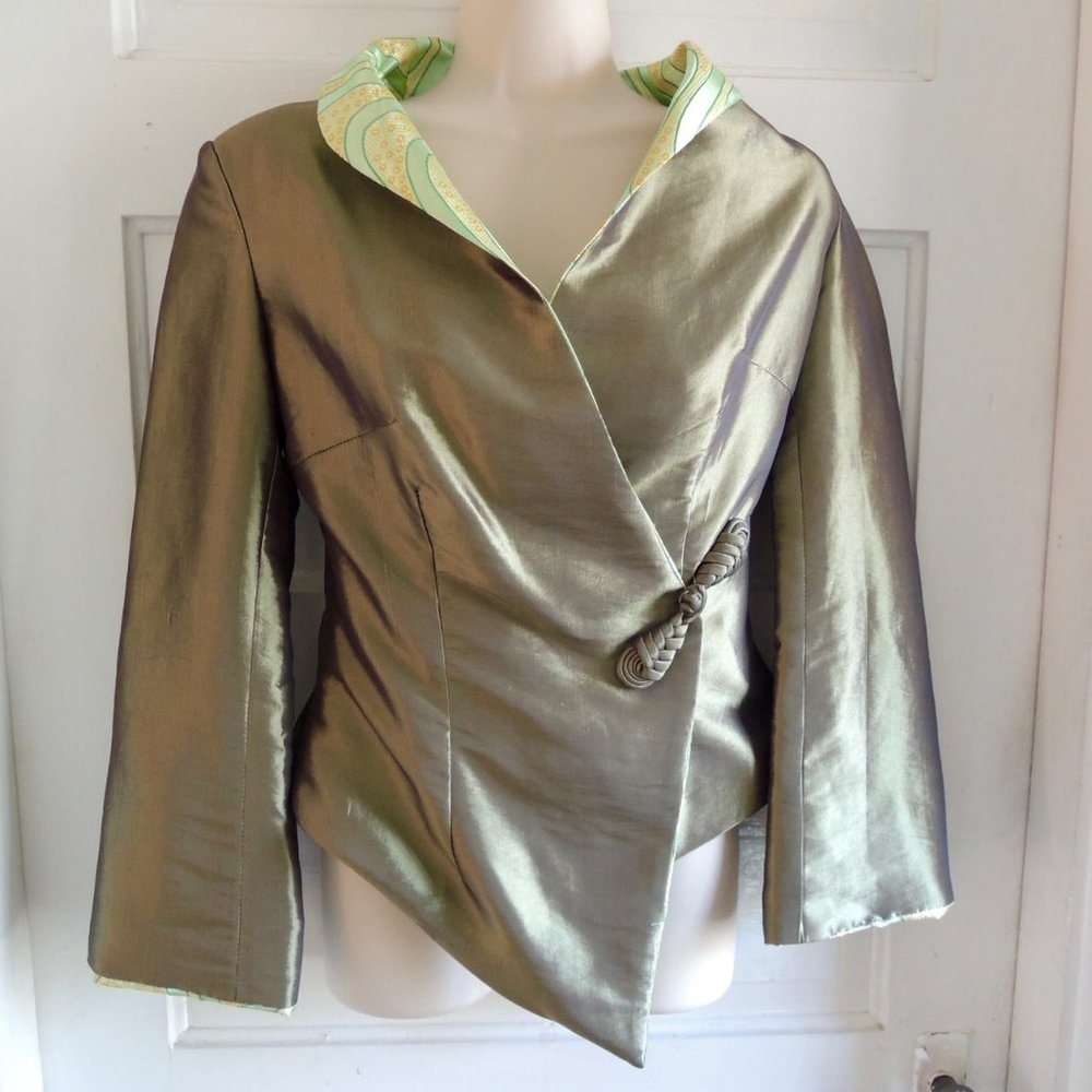 Asian Green Fitted Wrap Style Satin Jacket S NWT